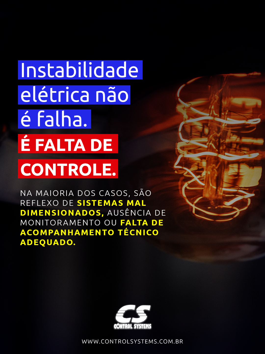 Peça de social media da Control Systems sobre instabilidade elétrica