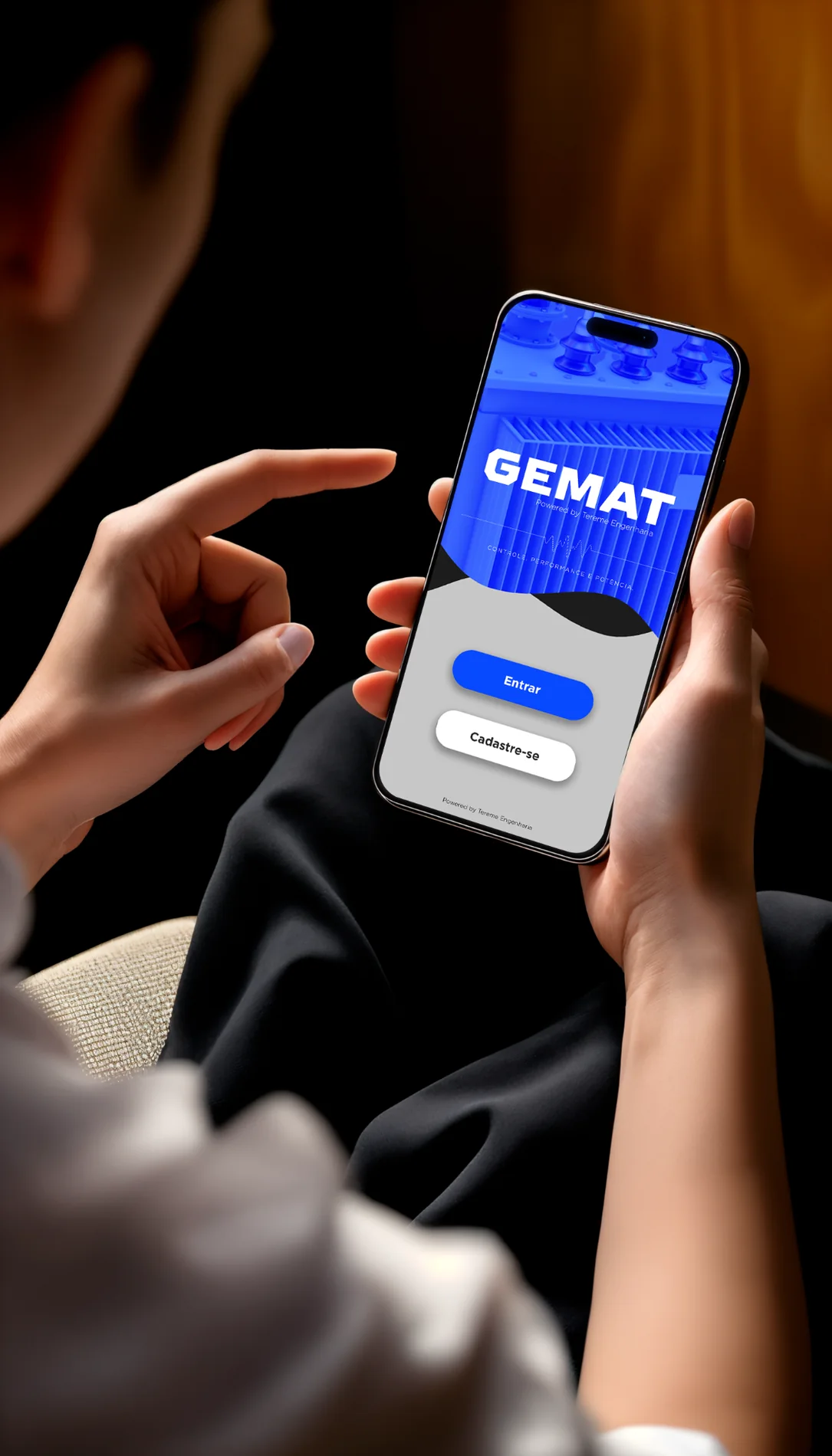 Mockup de smartphone com tela inicial visual do GEMAT